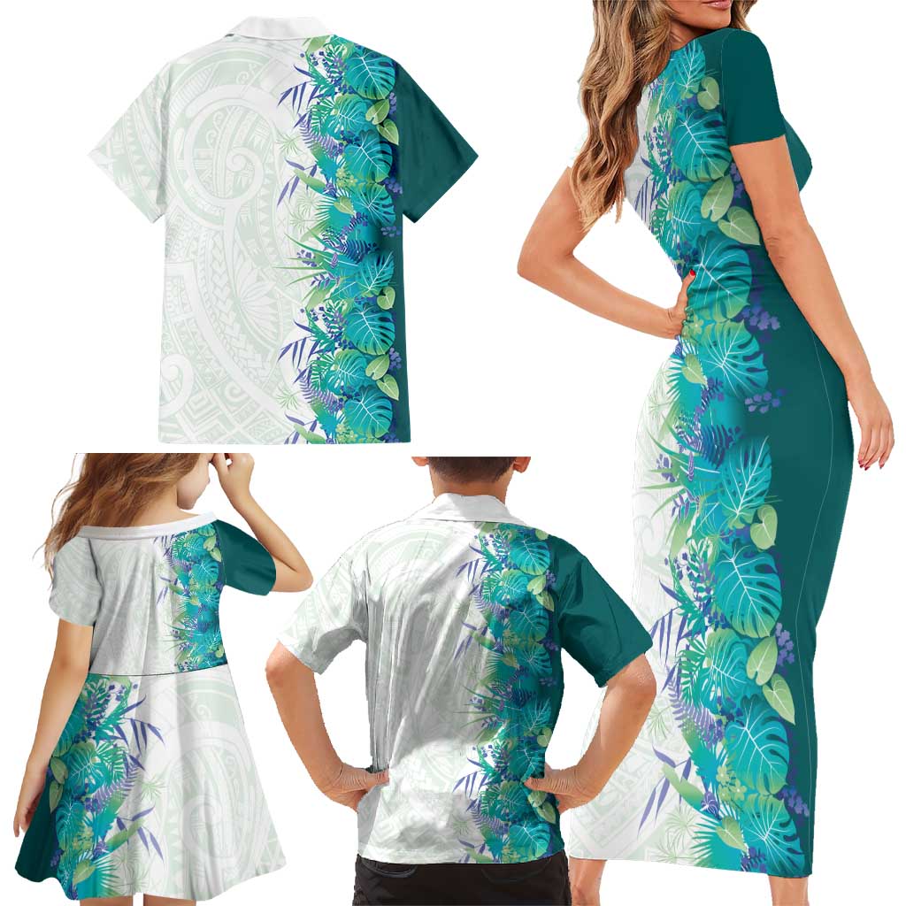 Hawaii Tropical Plant Teal Family Matching Short Sleeve Bodycon Dress and Hawaiian Shirt Vibrant Polynesian Pattern LT01 - Polynesian Pride