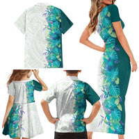 Hawaii Tropical Plant Teal Family Matching Short Sleeve Bodycon Dress and Hawaiian Shirt Vibrant Polynesian Pattern LT01 - Polynesian Pride