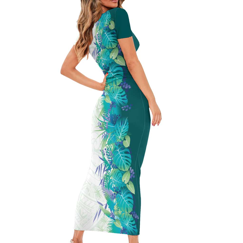 Hawaii Tropical Plant Teal Family Matching Short Sleeve Bodycon Dress and Hawaiian Shirt Vibrant Polynesian Pattern LT01 - Polynesian Pride