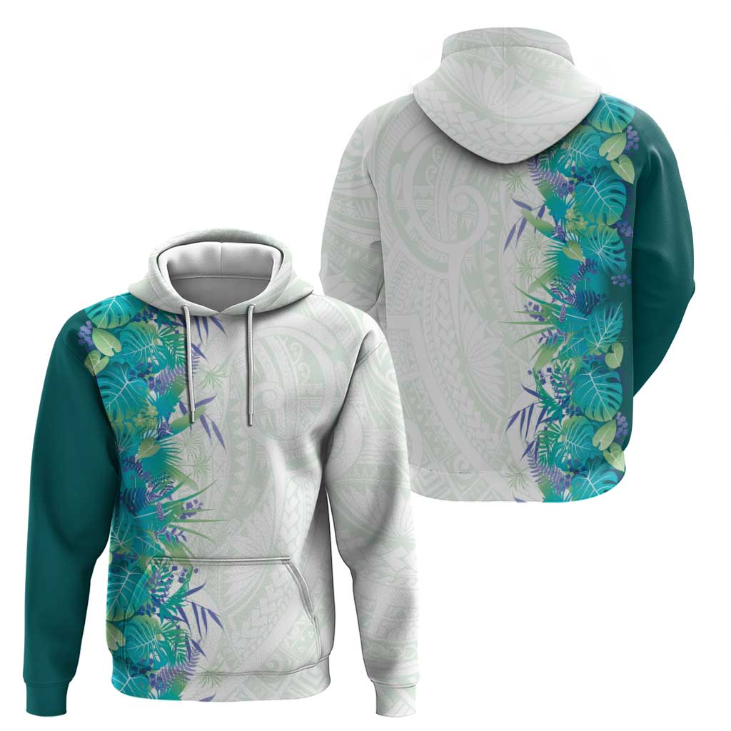 Hawaii Tropical Plant Teal Hoodie Vibrant Polynesian Pattern