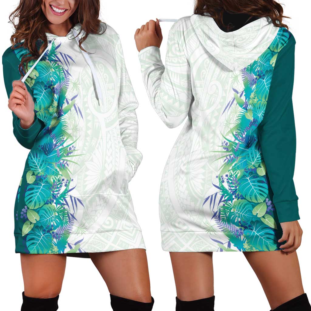 Hawaii Tropical Plant Teal Hoodie Dress Vibrant Polynesian Pattern