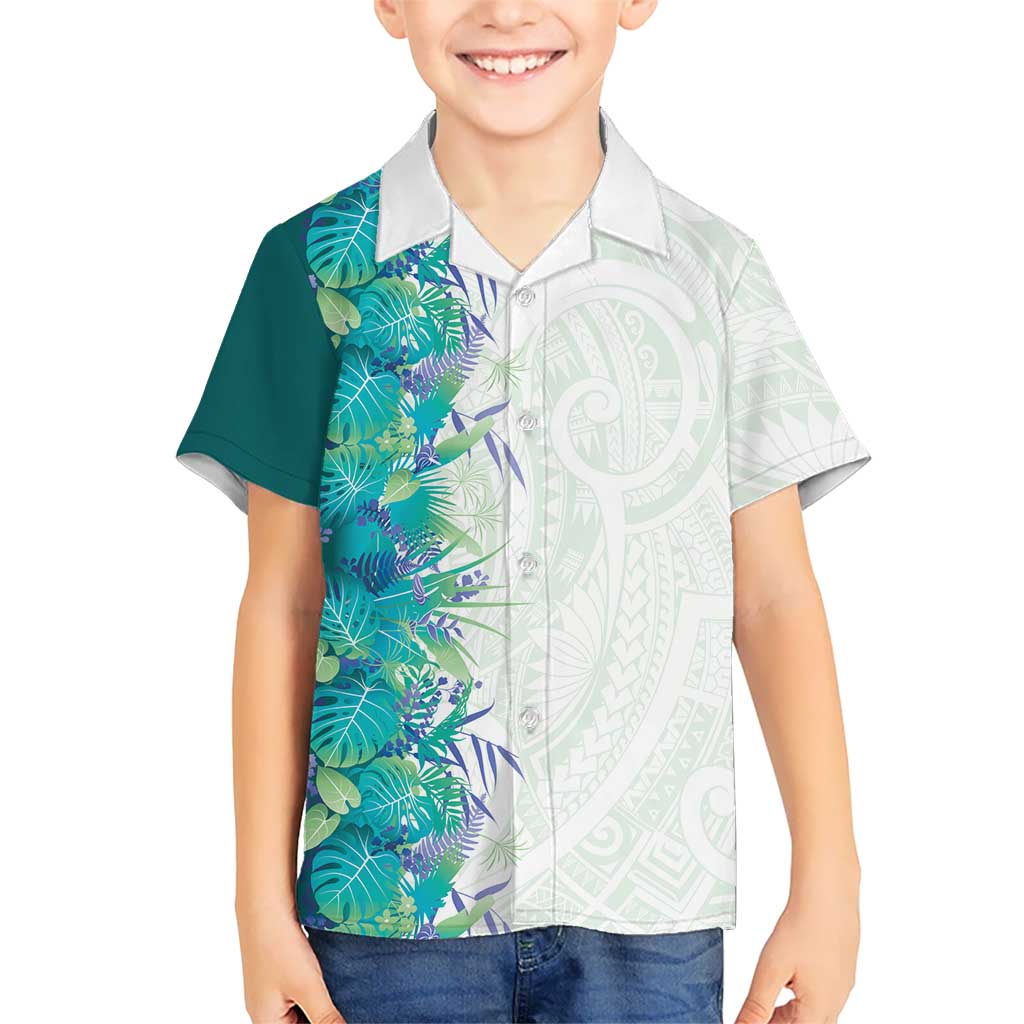Hawaii Tropical Plant Teal Kid Hawaiian Shirt Vibrant Polynesian Pattern