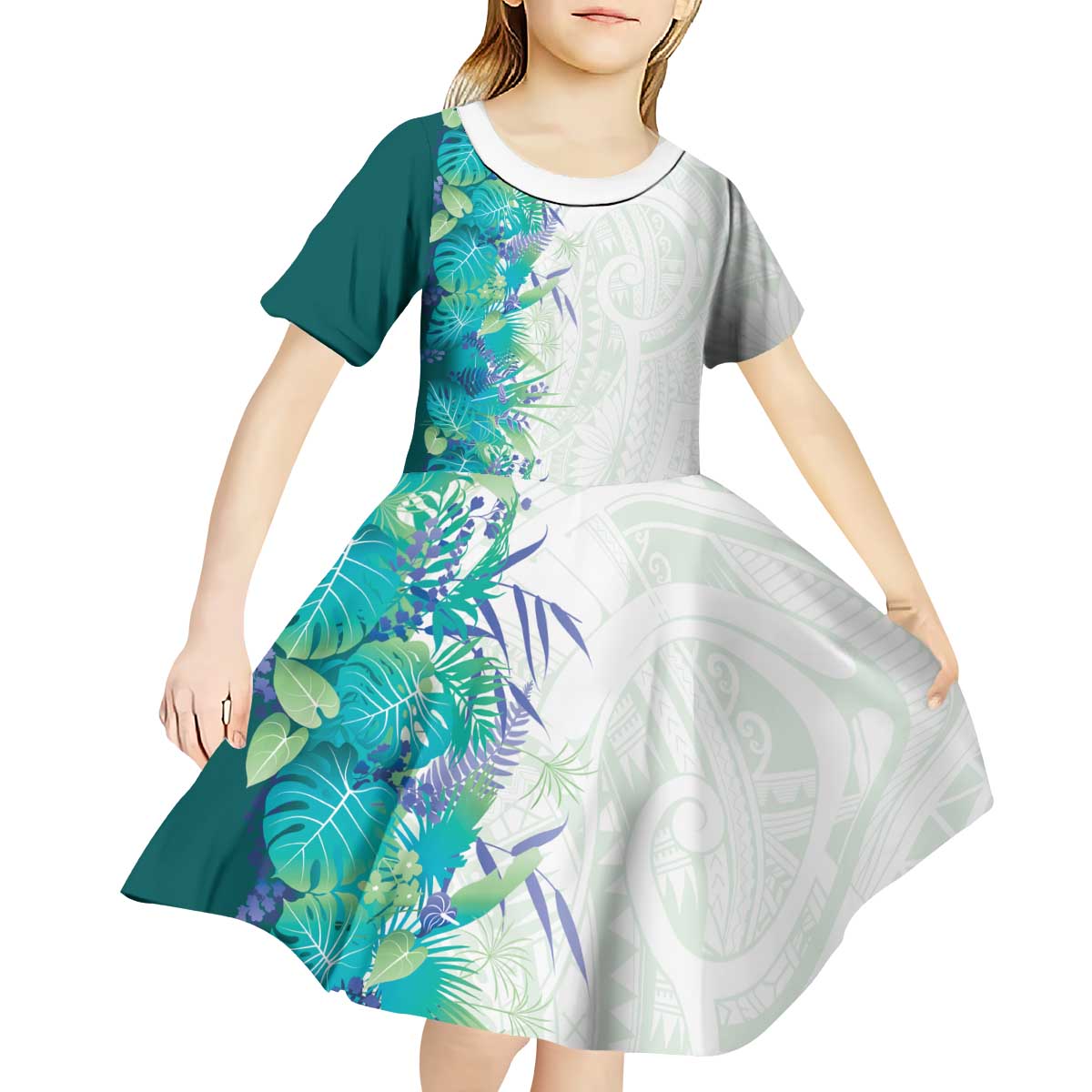 Hawaii Tropical Plant Teal Kid Short Sleeve Dress Vibrant Polynesian Pattern