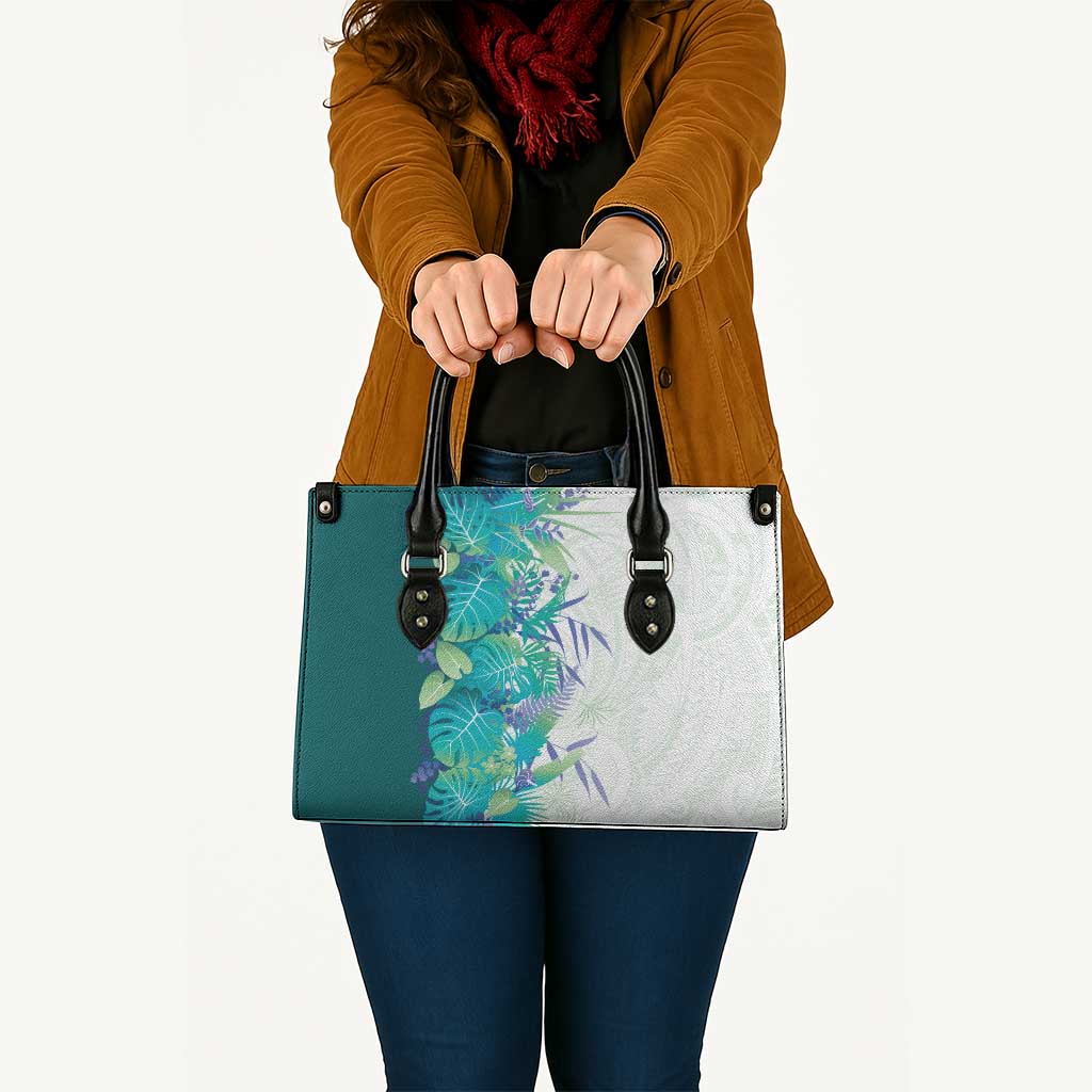 Hawaii Tropical Plant Teal Leather Bag Vibrant Polynesian Pattern