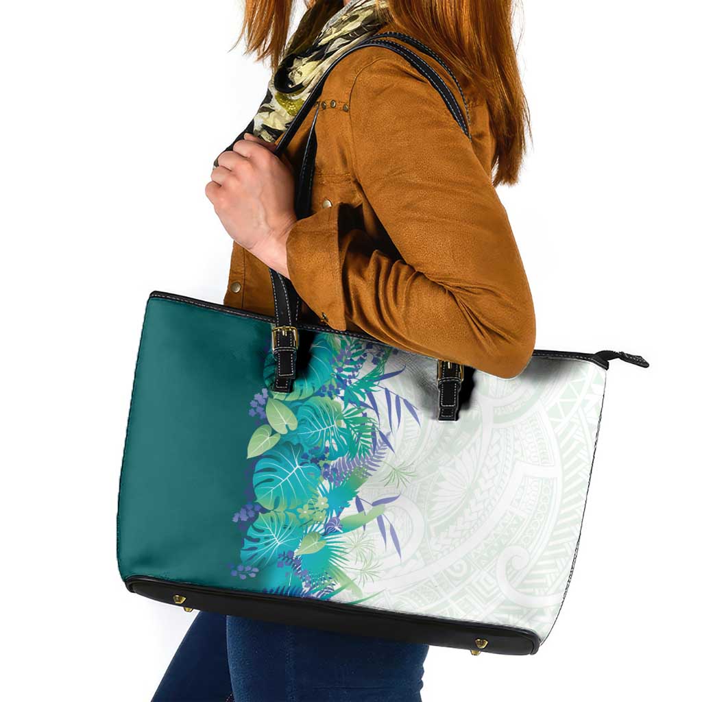 Hawaii Tropical Plant Teal Leather Tote Bag Vibrant Polynesian Pattern