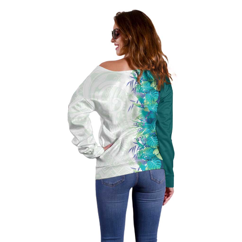 Hawaii Tropical Plant Teal Off Shoulder Sweater Vibrant Polynesian Pattern