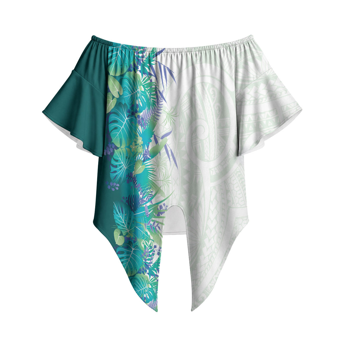 Hawaii Tropical Plant Teal Off Shoulder Wrap Waist Top Vibrant Polynesian Pattern LT01 Teal - Polynesian Pride