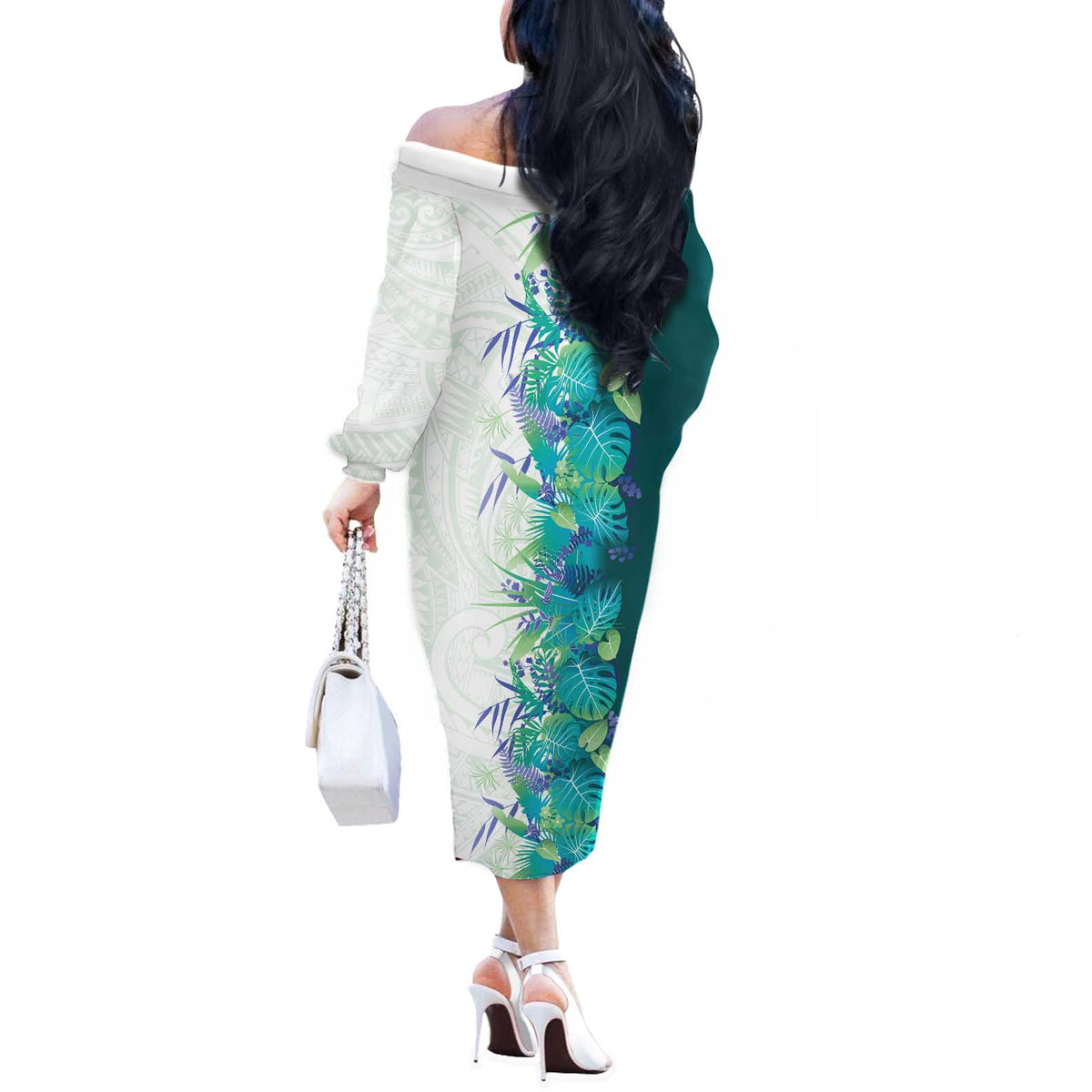 Hawaii Tropical Plant Teal Off The Shoulder Long Sleeve Dress Vibrant Polynesian Pattern