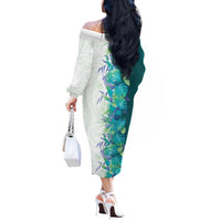 Hawaii Tropical Plant Teal Off The Shoulder Long Sleeve Dress Vibrant Polynesian Pattern