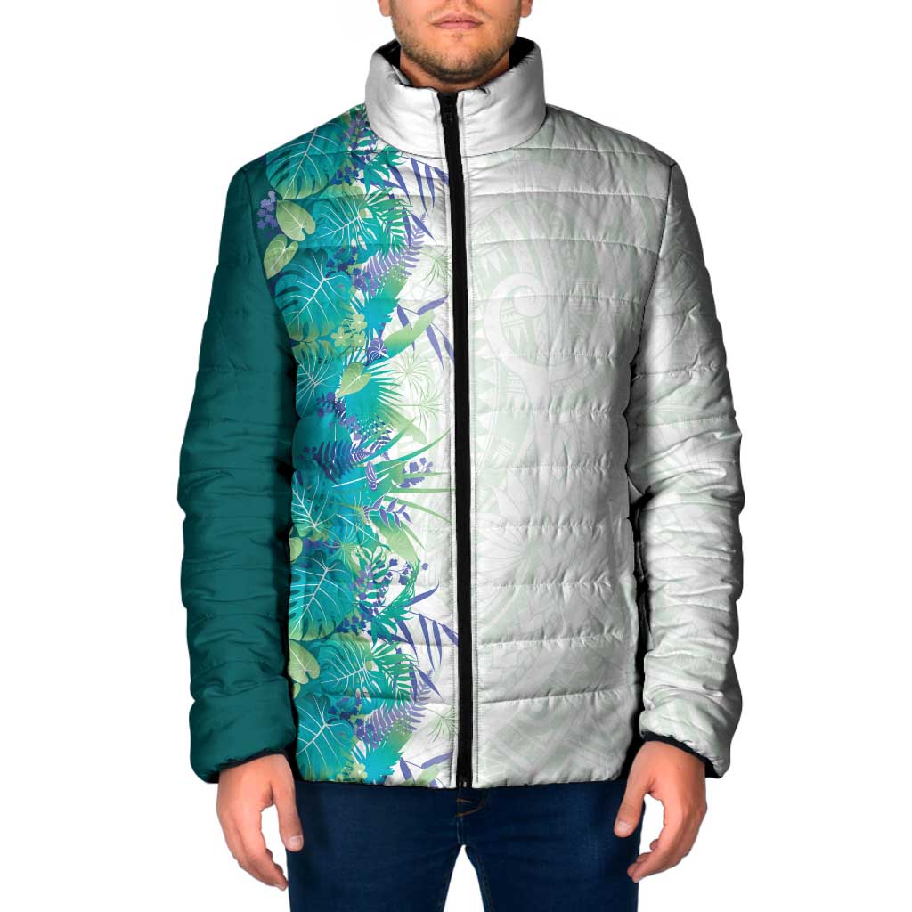 Hawaii Tropical Plant Teal Padded Jacket Vibrant Polynesian Pattern
