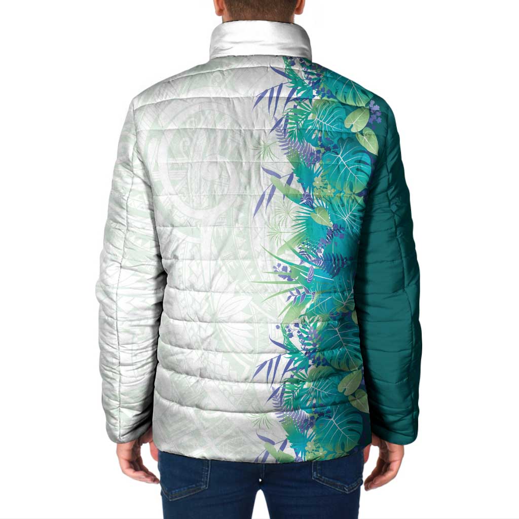 Hawaii Tropical Plant Teal Padded Jacket Vibrant Polynesian Pattern