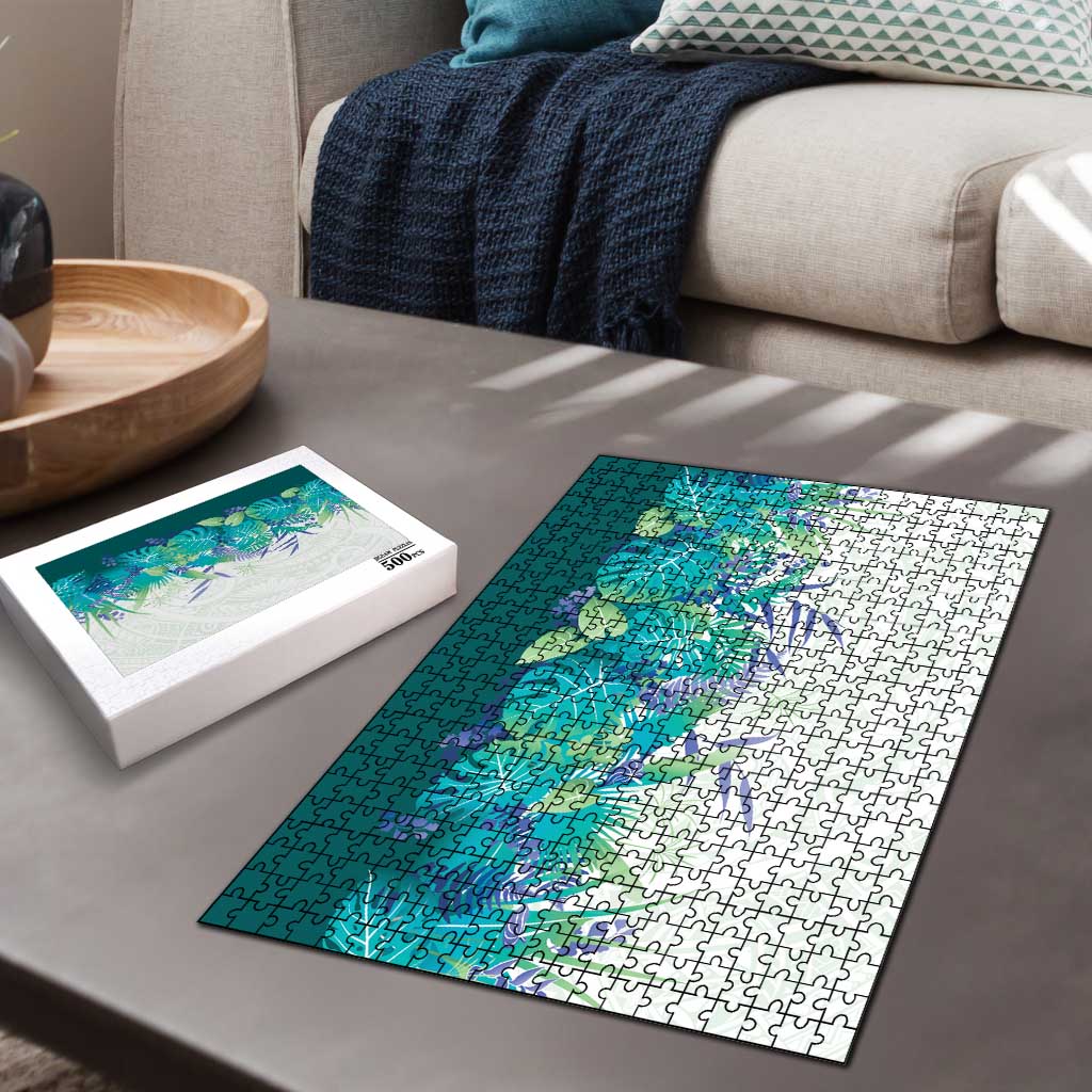 Hawaii Tropical Plant Teal Puzzle Vibrant Polynesian Pattern