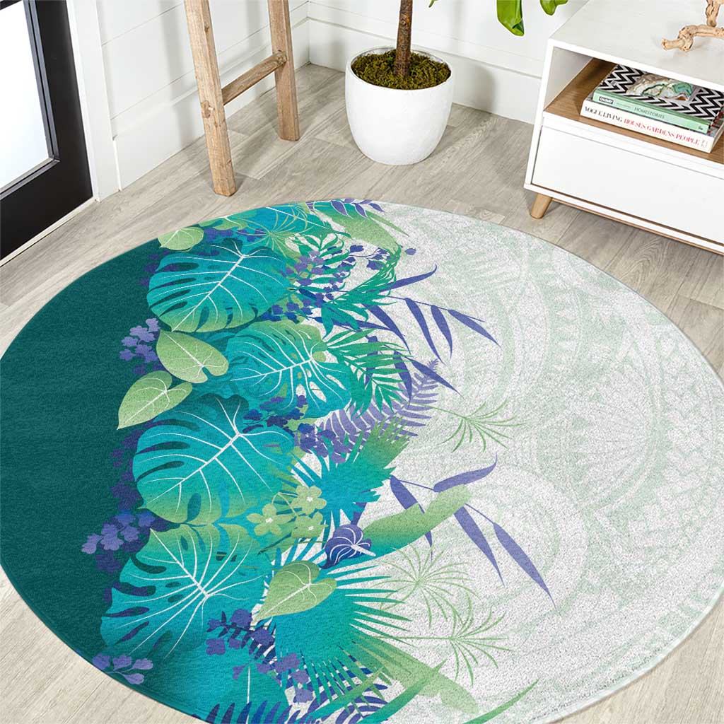 Hawaii Tropical Plant Teal Round Carpet Vibrant Polynesian Pattern