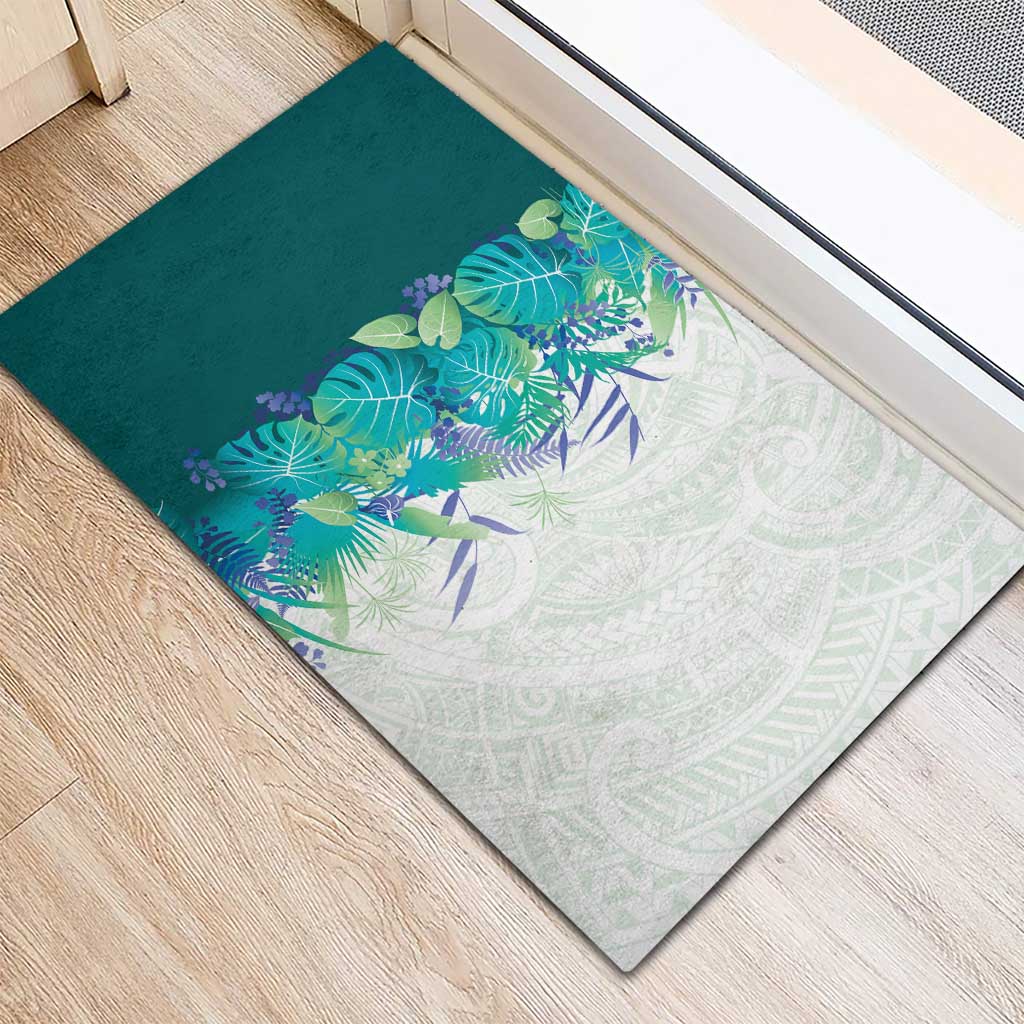 Hawaii Tropical Plant Teal Rubber Doormat Vibrant Polynesian Pattern