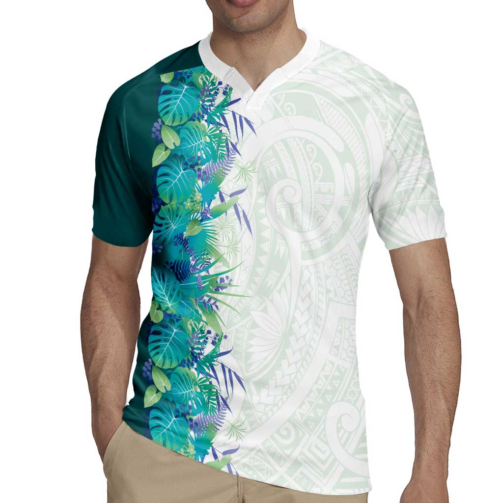 Hawaii Tropical Plant Teal Rugby Jersey Vibrant Polynesian Pattern