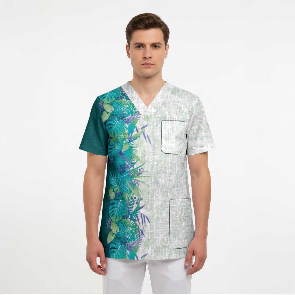 Hawaii Tropical Plant Teal Scrub Top Vibrant Polynesian Pattern