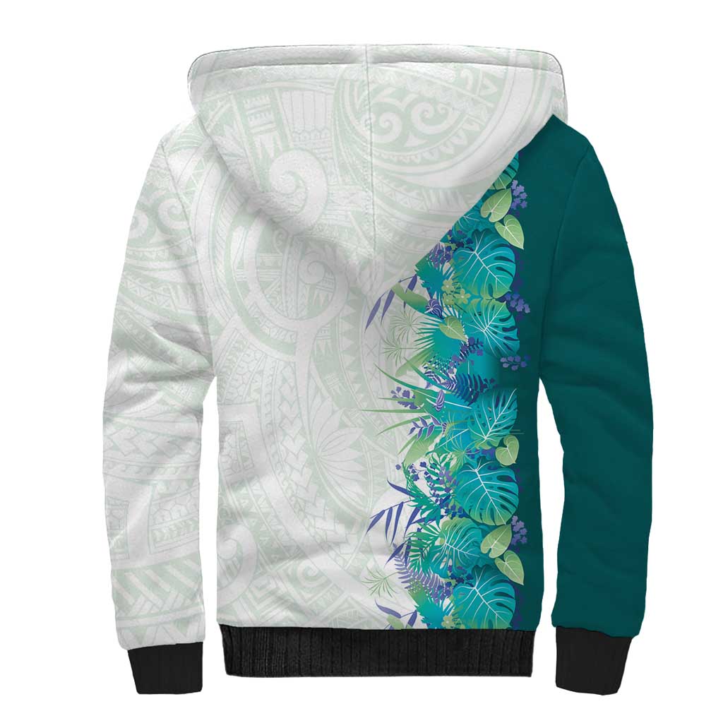 Hawaii Tropical Plant Teal Sherpa Hoodie Vibrant Polynesian Pattern