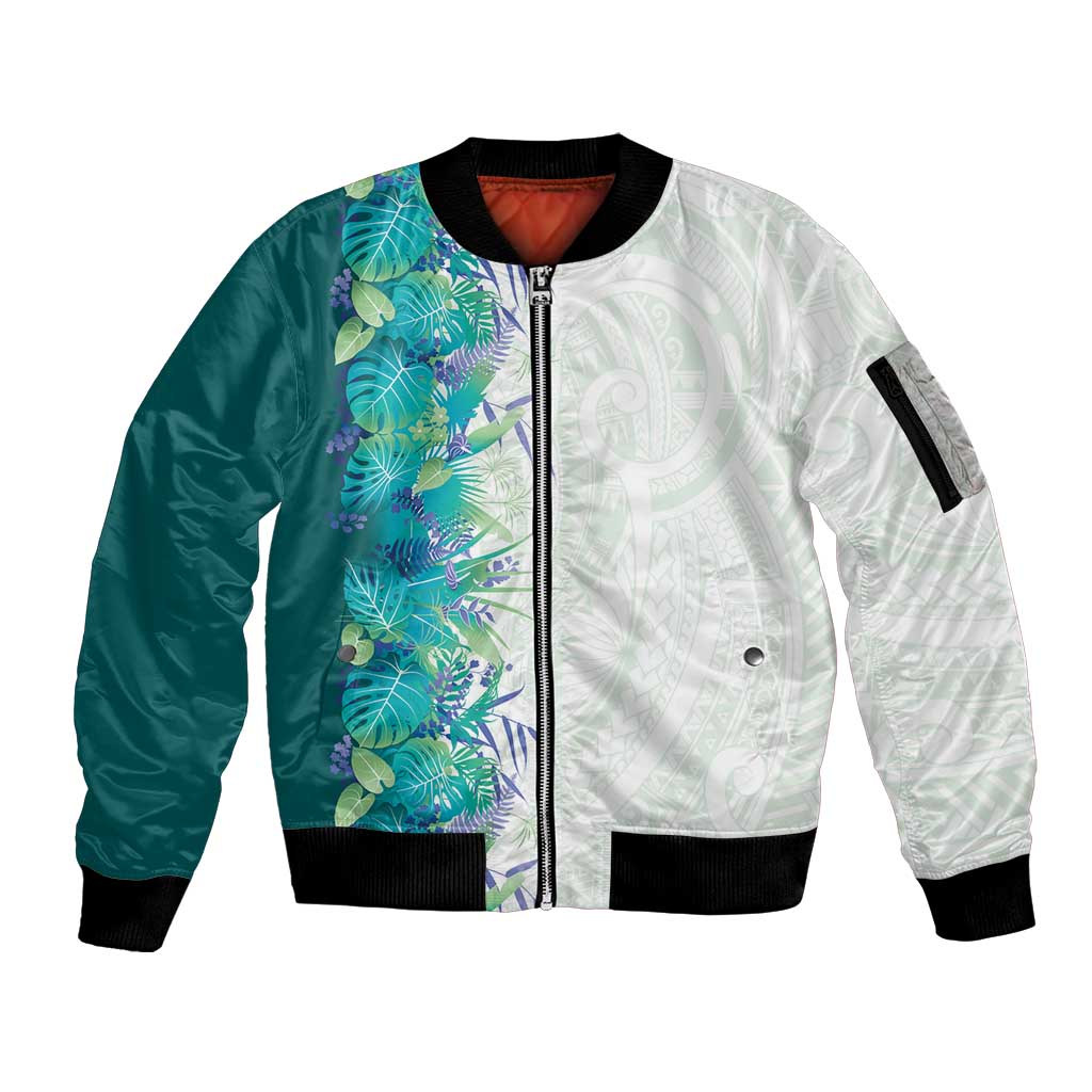 Hawaii Tropical Plant Teal Sleeve Zip Bomber Jacket Vibrant Polynesian Pattern