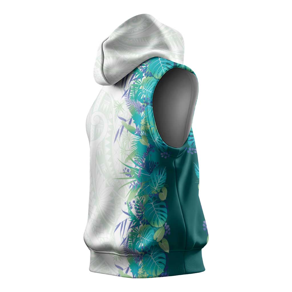 Hawaii Tropical Plant Teal Sleeveless Hoodie Vibrant Polynesian Pattern