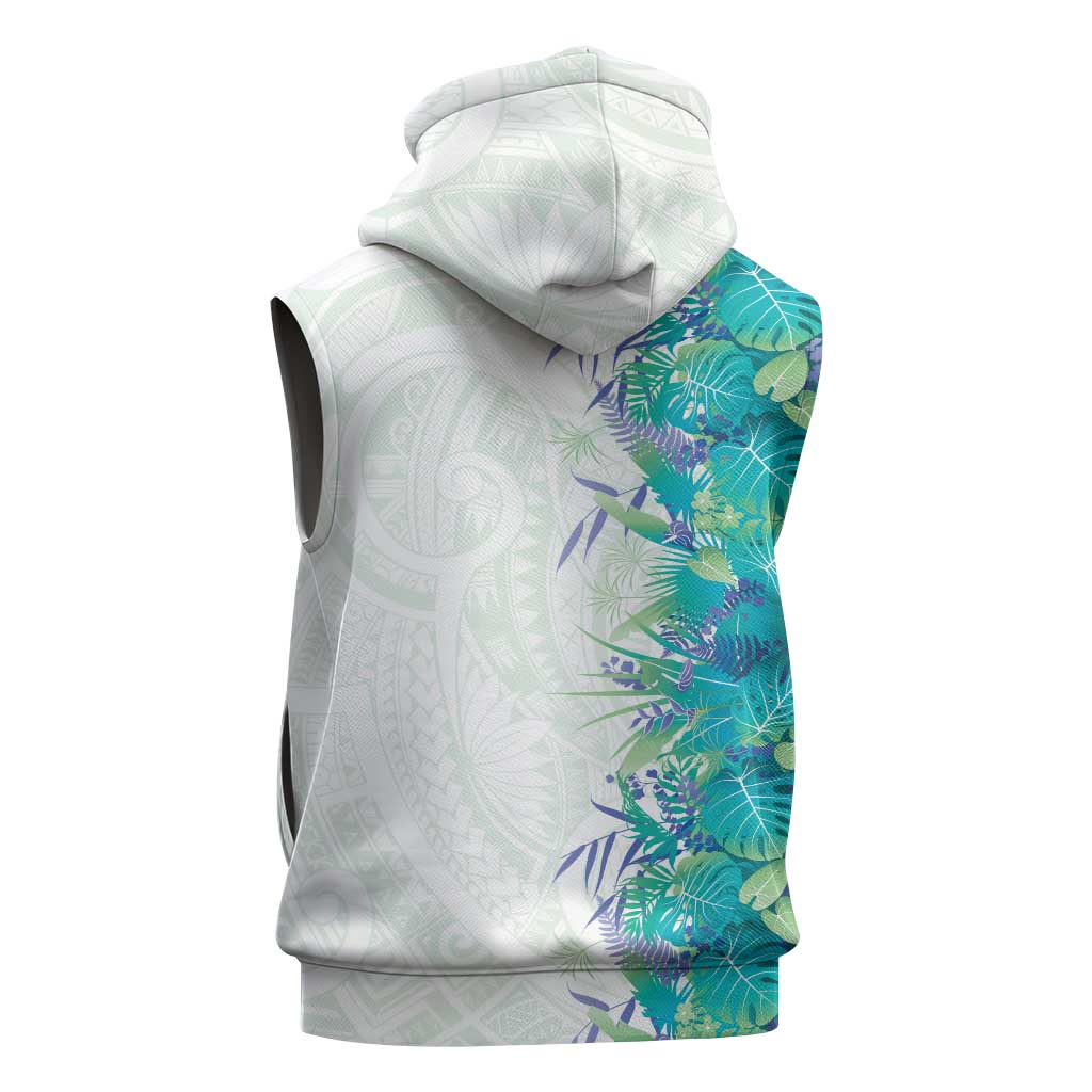 Hawaii Tropical Plant Teal Sleeveless Zip Hoodie Vibrant Polynesian Pattern