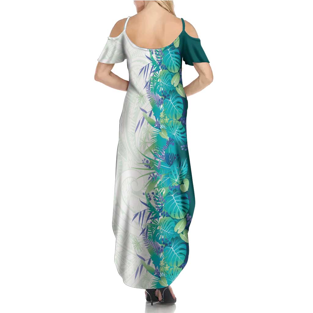 Hawaii Tropical Plant Teal Summer Maxi Dress Vibrant Polynesian Pattern