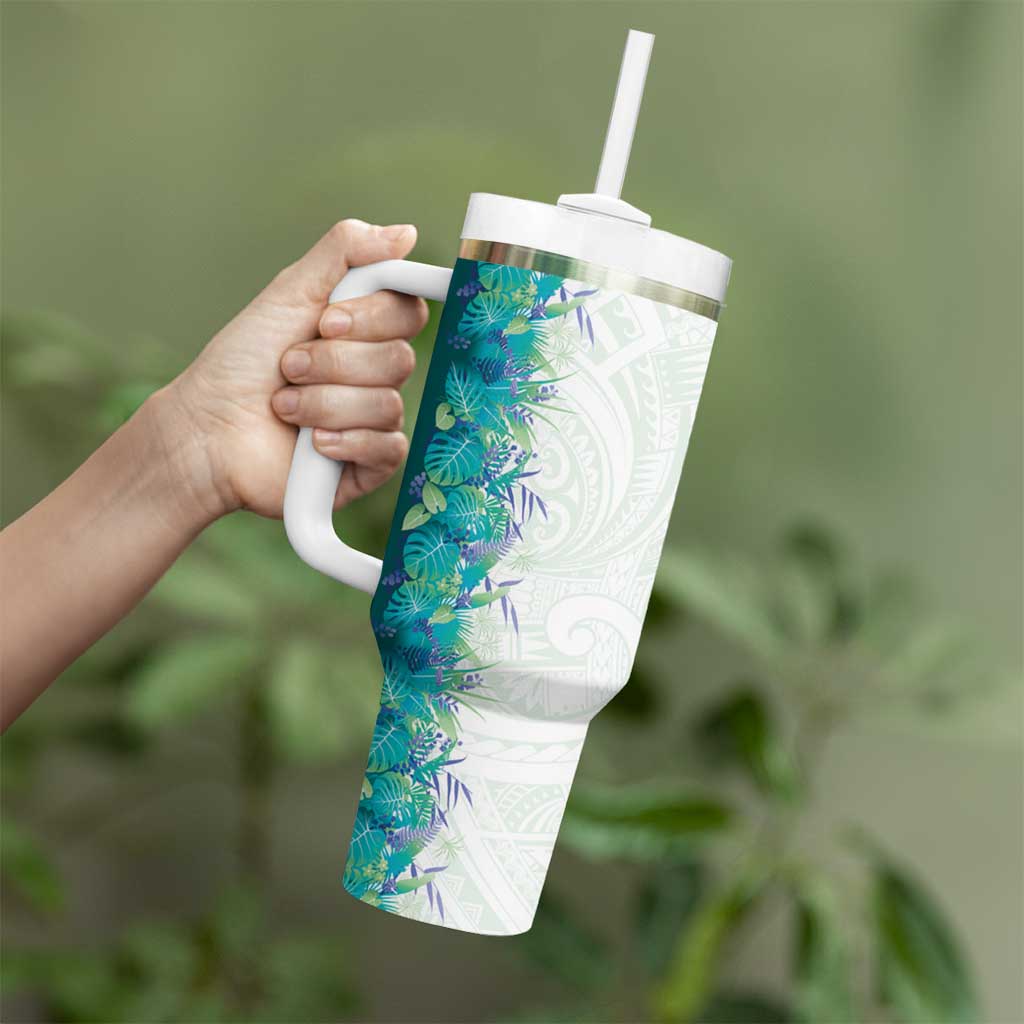 Hawaii Tropical Plant Teal Tumbler With Handle Vibrant Polynesian Pattern