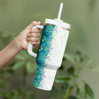 Hawaii Tropical Plant Teal Tumbler With Handle Vibrant Polynesian Pattern