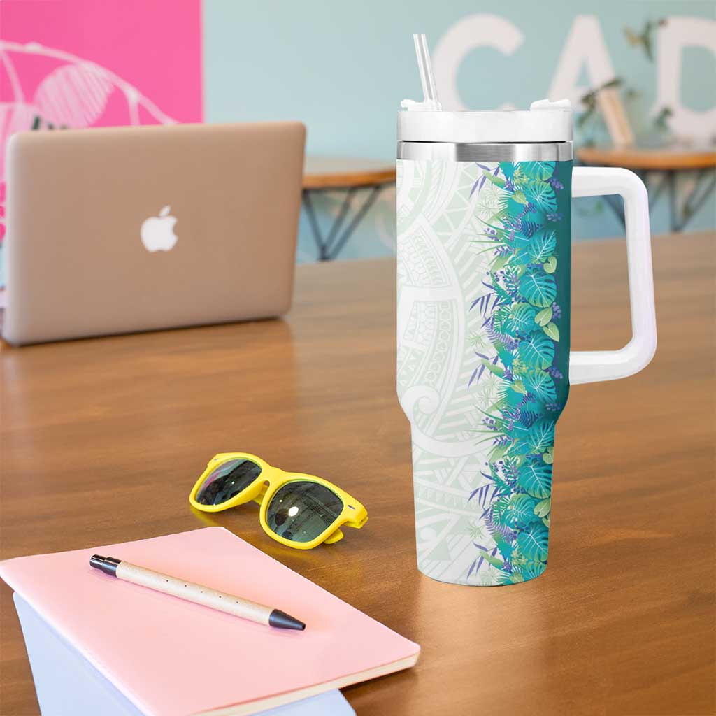 Hawaii Tropical Plant Teal Tumbler With Handle Vibrant Polynesian Pattern