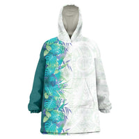 Hawaii Tropical Plant Teal Wearable Blanket Hoodie Vibrant Polynesian Pattern