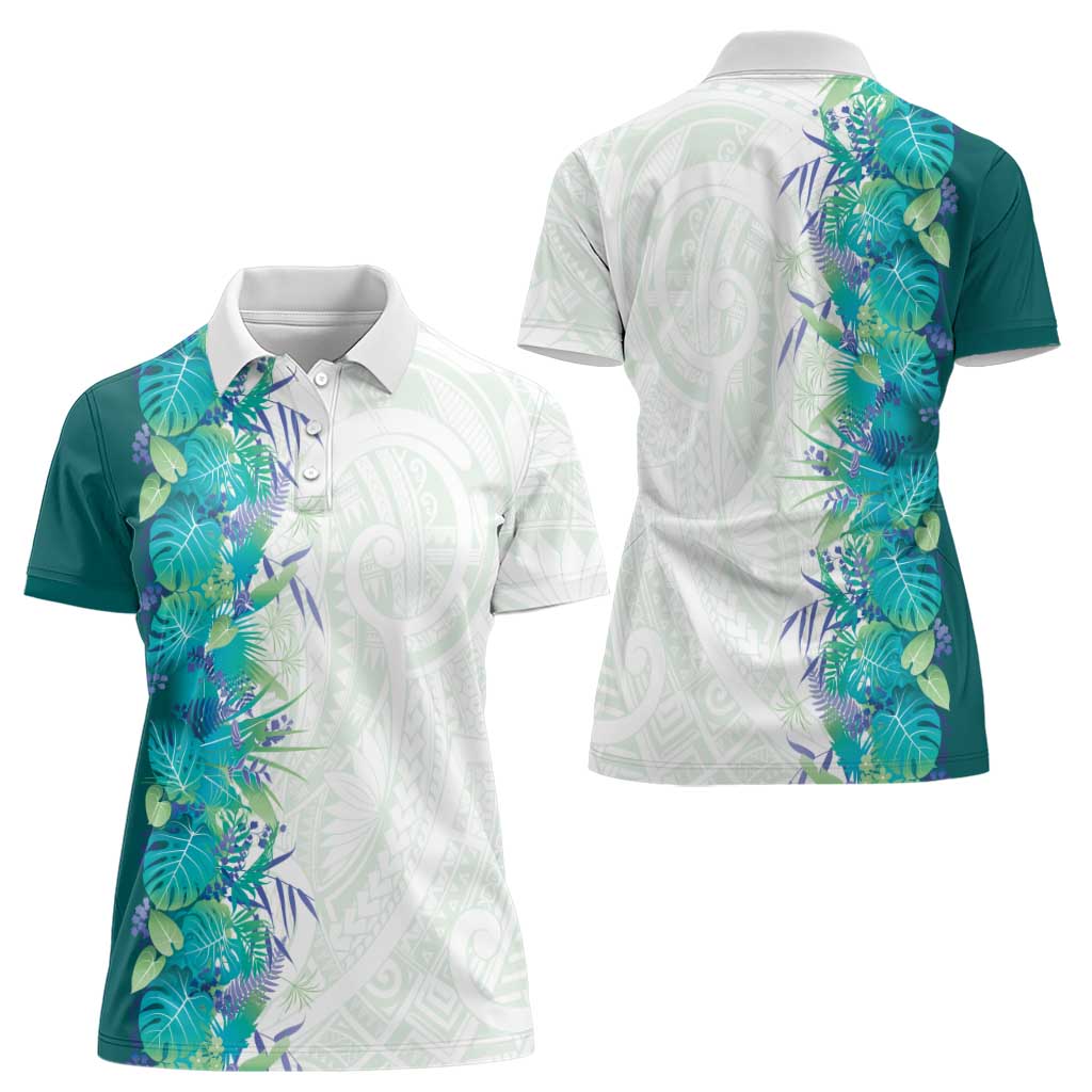 Hawaii Tropical Plant Teal Women Polo Shirt Vibrant Polynesian Pattern