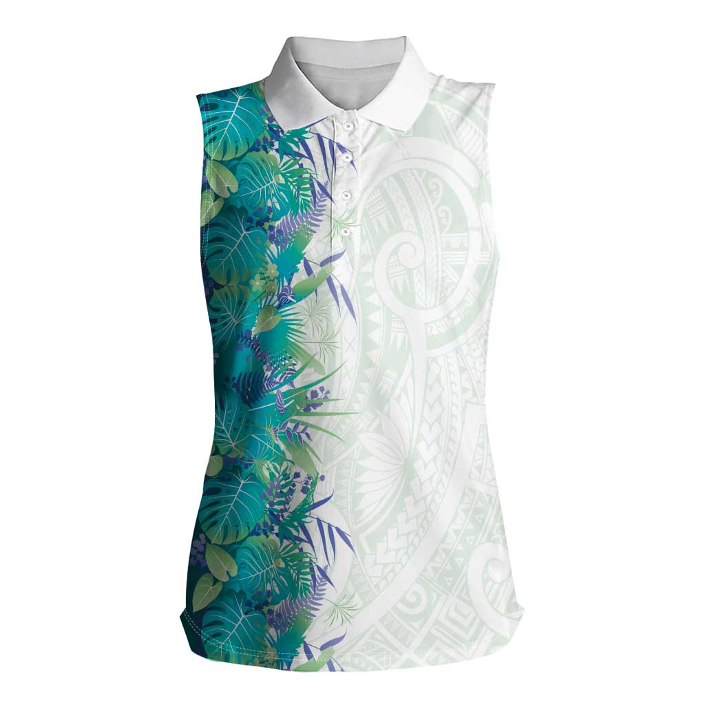 Hawaii Tropical Plant Teal Women Sleeveless Polo Shirt Vibrant Polynesian Pattern