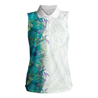 Hawaii Tropical Plant Teal Women Sleeveless Polo Shirt Vibrant Polynesian Pattern