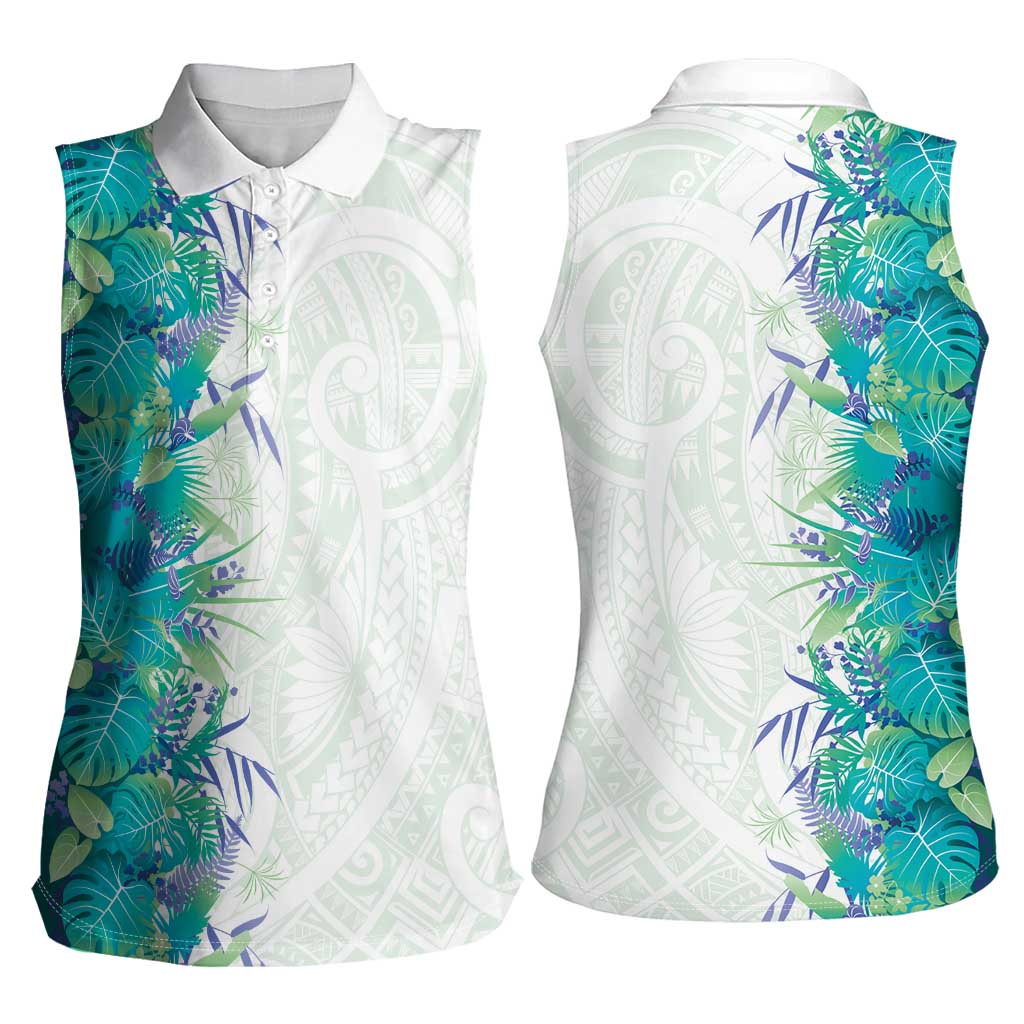 Hawaii Tropical Plant Teal Women Sleeveless Polo Shirt Vibrant Polynesian Pattern
