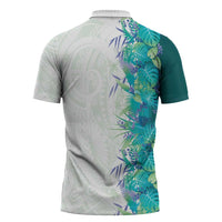 Hawaii Tropical Plant Teal Zipper Polo Shirt Vibrant Polynesian Pattern