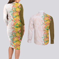 Hawaii Tropical Plant Lenalena Couples Matching Long Sleeve Bodycon Dress and Long Sleeve Button Shirt Vibrant Polynesian Pattern