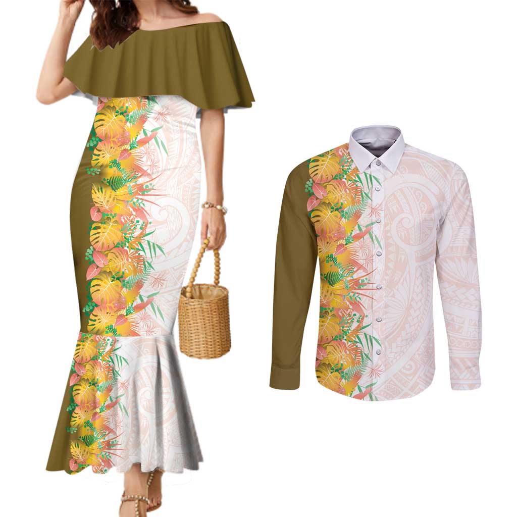 Hawaii Tropical Plant Lenalena Couples Matching Mermaid Dress and Long Sleeve Button Shirt Vibrant Polynesian Pattern
