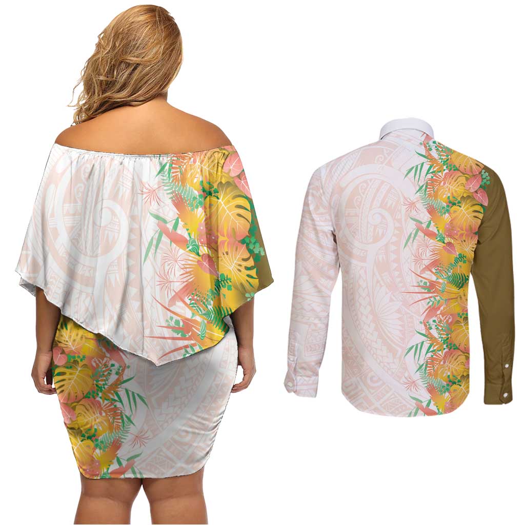 Hawaii Tropical Plant Lenalena Couples Matching Off Shoulder Short Dress and Long Sleeve Button Shirt Vibrant Polynesian Pattern