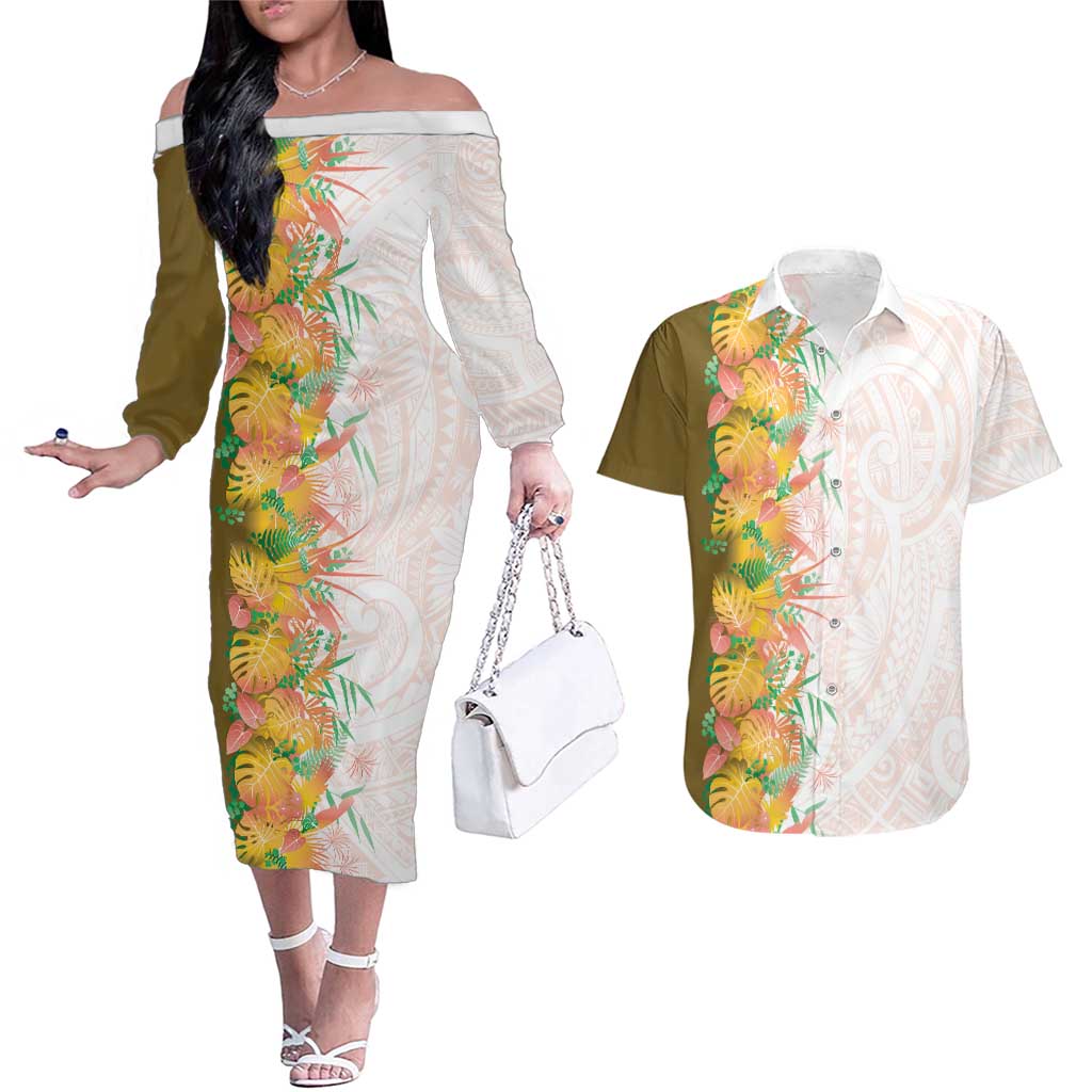Hawaii Tropical Plant Lenalena Couples Matching Off The Shoulder Long Sleeve Dress and Hawaiian Shirt Vibrant Polynesian Pattern