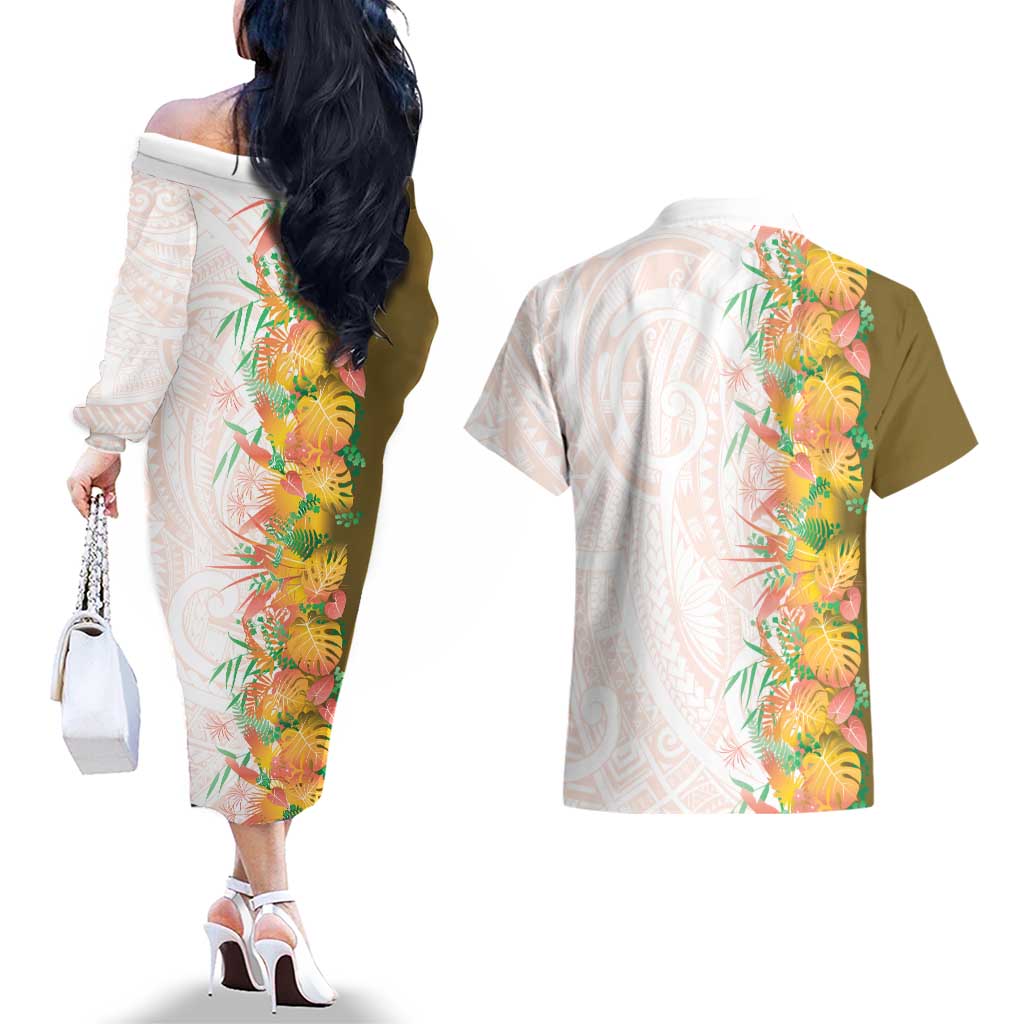 Hawaii Tropical Plant Lenalena Couples Matching Off The Shoulder Long Sleeve Dress and Hawaiian Shirt Vibrant Polynesian Pattern LT01 - Polynesian Pride