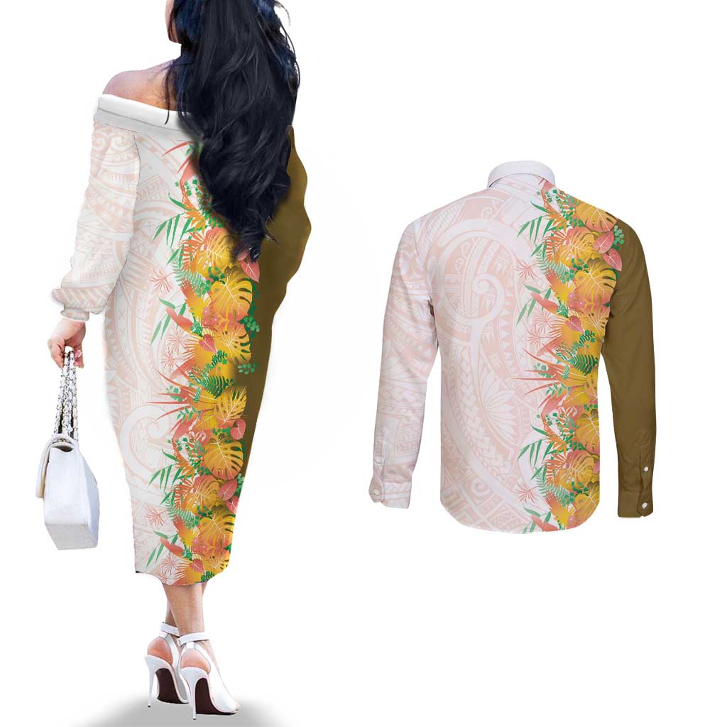 Hawaii Tropical Plant Lenalena Couples Matching Off The Shoulder Long Sleeve Dress and Long Sleeve Button Shirt Vibrant Polynesian Pattern