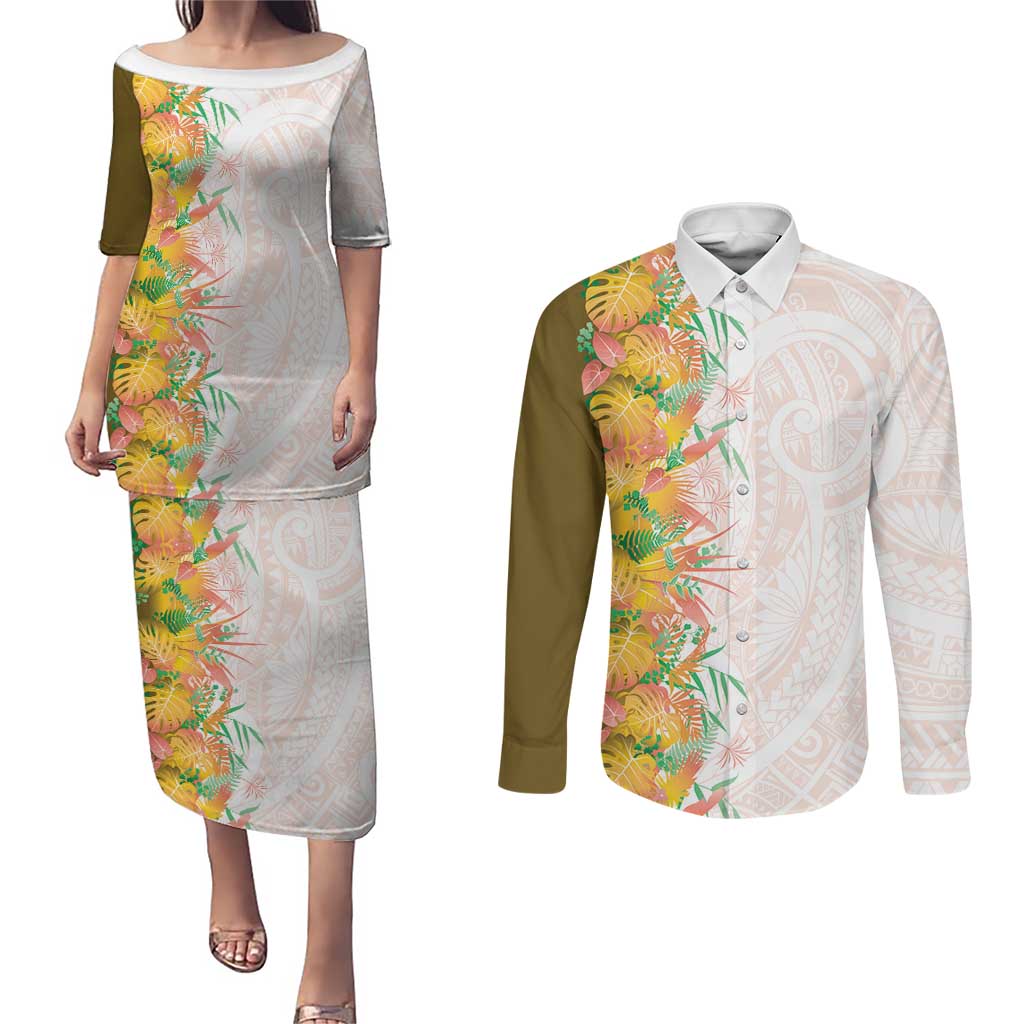 Hawaii Tropical Plant Lenalena Couples Matching Puletasi and Long Sleeve Button Shirt Vibrant Polynesian Pattern
