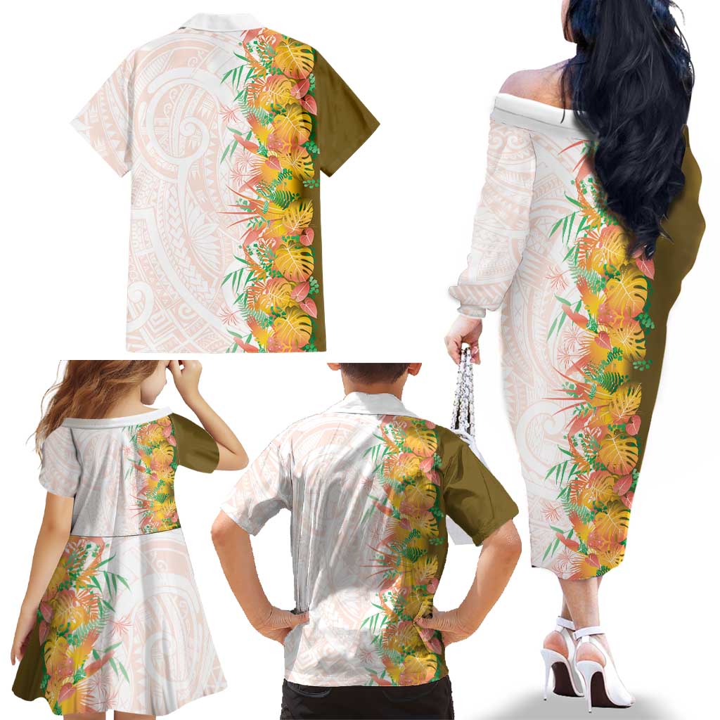 Hawaii Tropical Plant Lenalena Family Matching Off The Shoulder Long Sleeve Dress and Hawaiian Shirt Vibrant Polynesian Pattern LT01 - Polynesian Pride