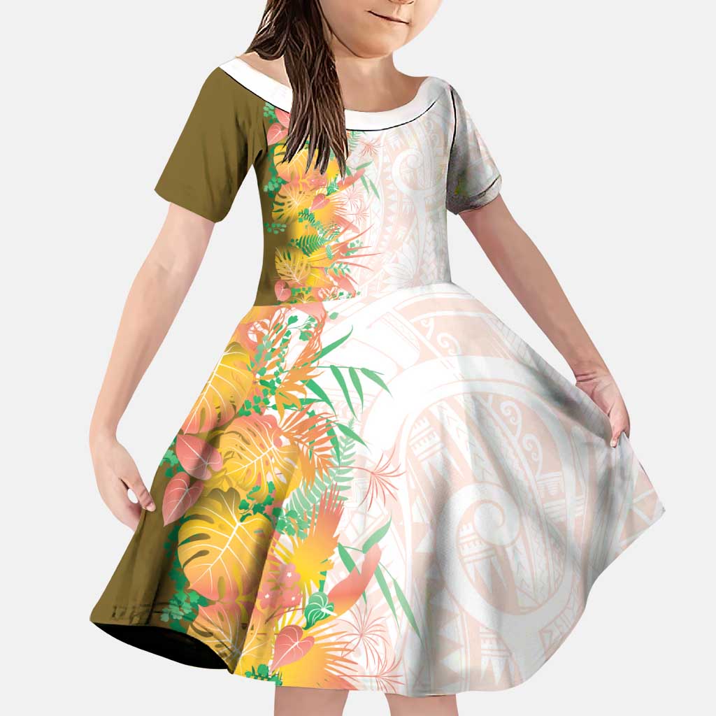 Hawaii Tropical Plant Lenalena Family Matching Off Shoulder Maxi Dress and Hawaiian Shirt Vibrant Polynesian Pattern LT01 Daughter's Dress Yellow - Polynesian Pride