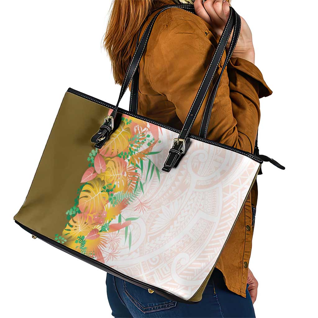 Hawaii Tropical Plant Lenalena Leather Tote Bag Vibrant Polynesian Pattern