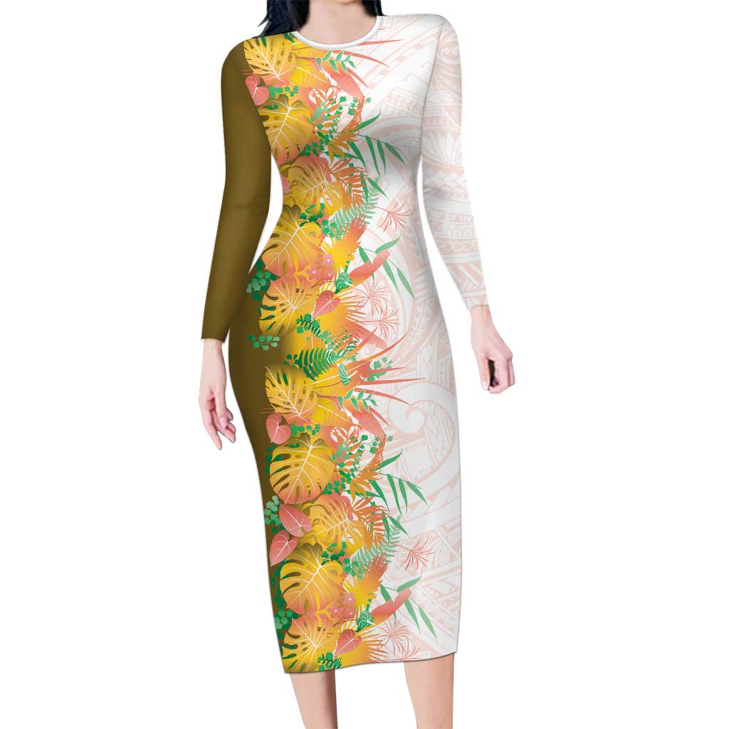 Hawaii Tropical Plant Lenalena Long Sleeve Bodycon Dress Vibrant Polynesian Pattern