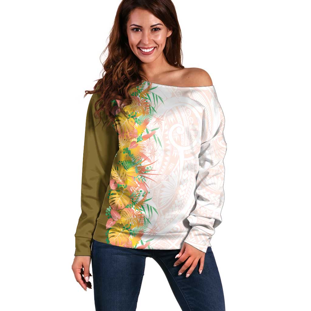 Hawaii Tropical Plant Lenalena Off Shoulder Sweater Vibrant Polynesian Pattern