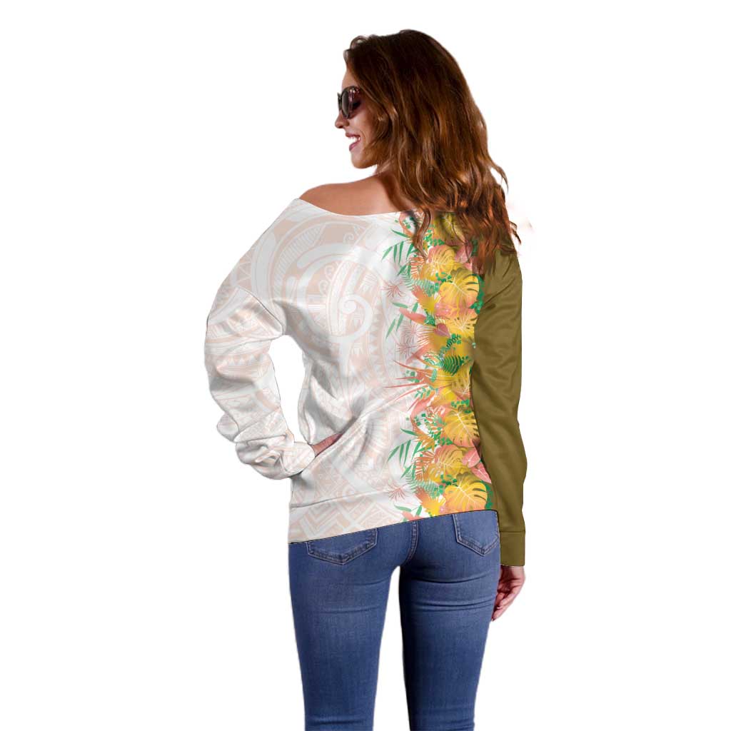 Hawaii Tropical Plant Lenalena Off Shoulder Sweater Vibrant Polynesian Pattern