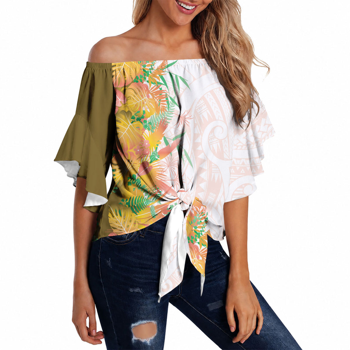 Hawaii Tropical Plant Lenalena Off Shoulder Wrap Waist Top Vibrant Polynesian Pattern LT01 - Polynesian Pride