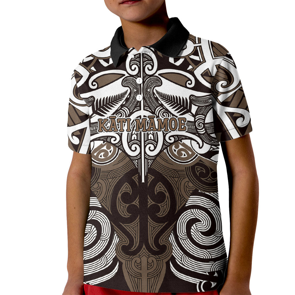 Personalised Maori Kati Mamoe Kid Polo Shirt Silver Fern Kowhaiwhai Art LT01 Kid Brown - Polynesian Pride