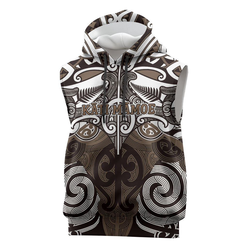 Personalised Maori Kati Mamoe Sleeveless Hoodie Silver Fern Kowhaiwhai Art LT01 Brown - Polynesian Pride